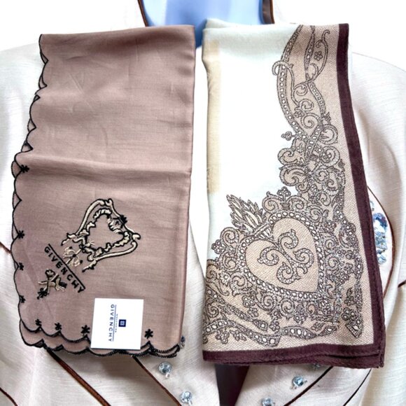 New Set of 2 GIVENCHY Handkerchief 18" CottonSsilk Brown beige Embroidered (32) - Picture 2 of 8